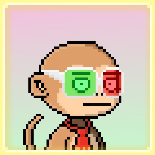 A pixel art portrait depicts a bald character with a goatee wearing three rectangular glasses (clear, green, and red) over his eyes, dressed in a red and brown outfit.