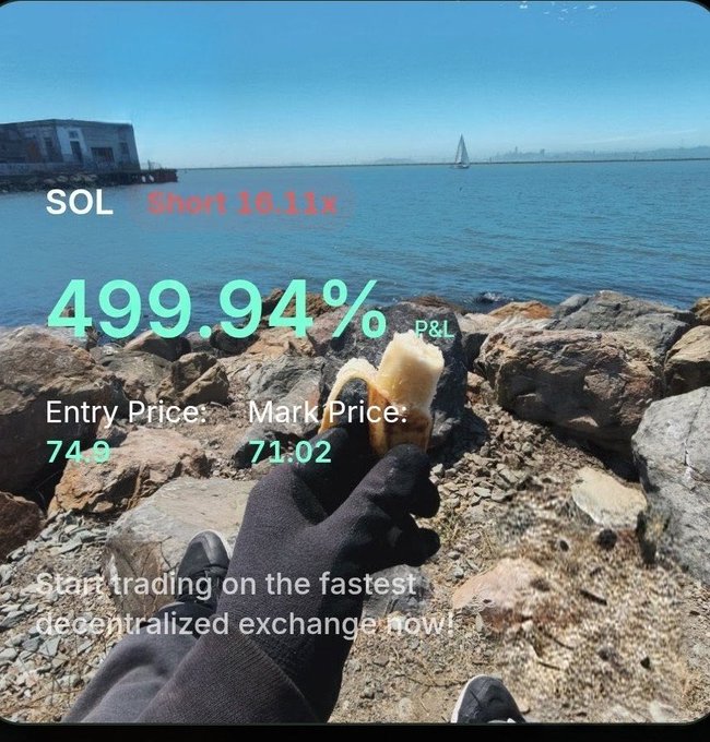 A gloved hand holds a peeled banana by a rocky waterfront, overlaid with Solana trading data showing "SOL Short 16.11x" with a 499.94% P&L gain (Entry: 74.9, Mark: 71.02), promoting the fastest decentralized exchange. The scene humorously captures the post's message of casually trading on a Solana mobile app during a snack break by the bay.