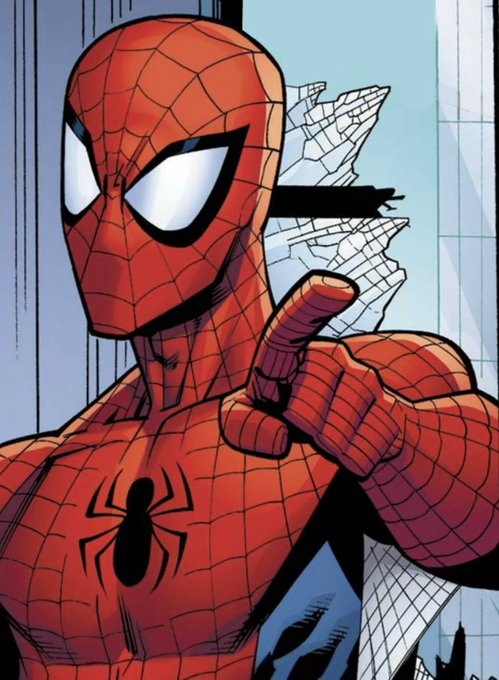A comic book illustration of Spider-Man in his classic red and blue costume, pointing his finger directly at the viewer with a cityscape visible behind him.