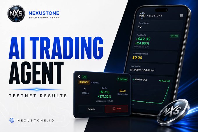 A promotional banner for 'NEXUSTONE' showcasing their 'AI Trading Agent' testnet results, featuring phone and tablet screens displaying positive profit statistics like '+$42.32' and '+24.89%' with a profit curve chart.