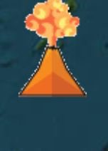 A pixel art illustration of an orange volcano erupting with yellow and orange flames against a dark blue background.