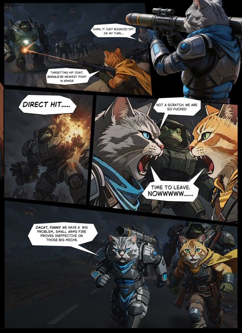 The image features a comic strip with three panels depicting cats dressed as humans engaged in combat. The first panel shows two cats fighting each other, while the second panel depicts another cat holding a gun and shooting at the first cat. The third panel shows an orange cat holding a gun and shooting at the second cat. The caption below the image reads "Guys! I can' tell you how blown away I am! @GrumpyKingsi1, the artist that' s drawn the Dact Chronicles comic that will be on @veve_official".