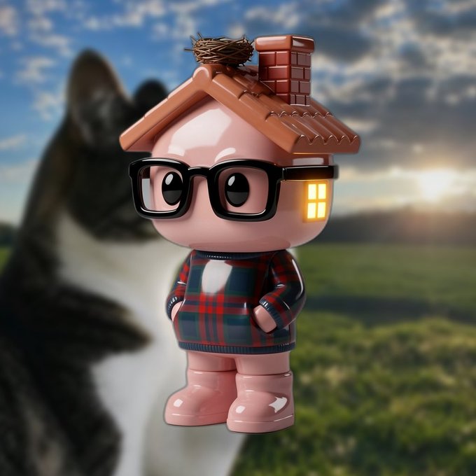 A 3D-rendered pink cartoon figure with glasses and a small house roof on its head, standing in front of a blurred cat and a sunny landscape background.