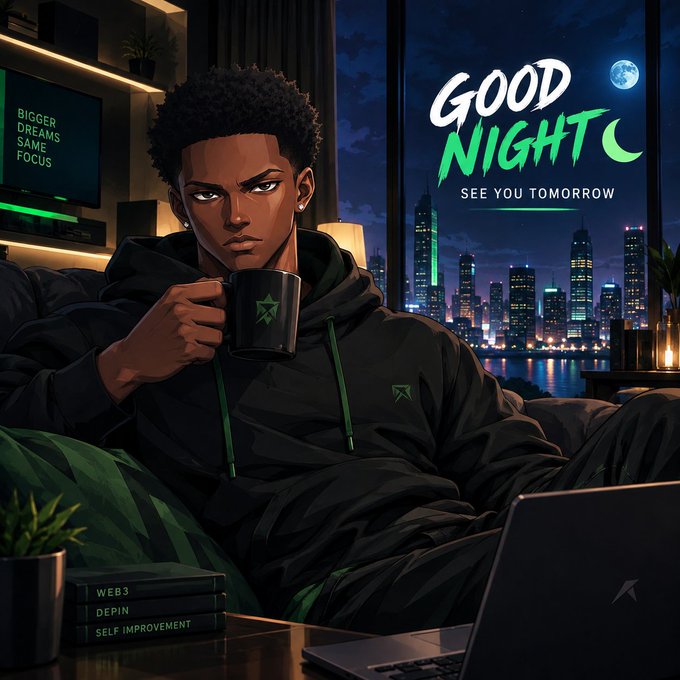 An illustrated character in a black hoodie holding a mug sits in a dark room with 'GOOD NIGHT SEE YOU TOMORROW' text, books labeled 'WEB3 DEPIN SELF IMPROVEMENT', and 'BIGGER DREAMS SAME FOCUS' on the wall.