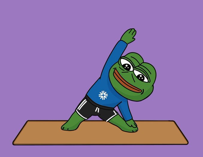 Cartoon Pepe the Frog character in a blue shirt doing a side stretch on an orange yoga mat against a purple background.