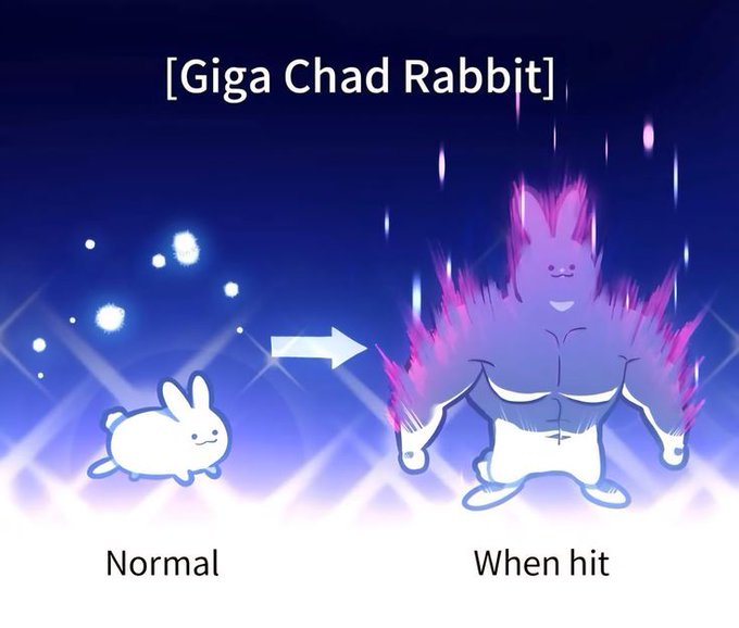 A humorous meme showing a progression labeled '[Giga Chad Rabbit]' with a small, cute white rabbit labeled 'Normal' on the left and a massively muscled, purple-flaming rabbit labeled 'When hit' on the right.
