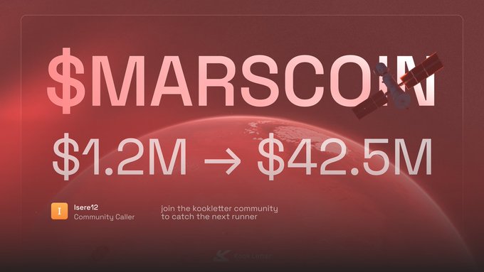 This image highlights the success of $MARSCOIN, showing a growth from $1.2M to $42.5M, and encourages joining the "kookletter community" to find future opportunities.
