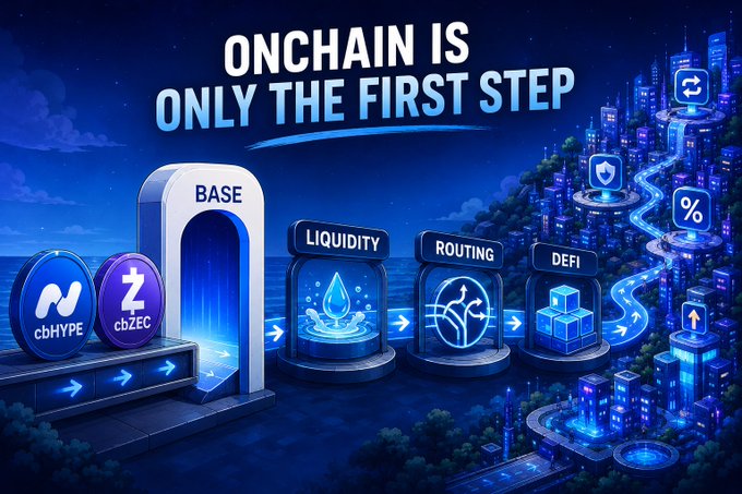 A futuristic blue-themed digital illustration promotes "ONCHAIN IS ONLY THE FIRST STEP," showing a gateway labeled "BASE" leading to stages of LIQUIDITY, ROUTING, and DEFI in a cyberpunk cityscape.