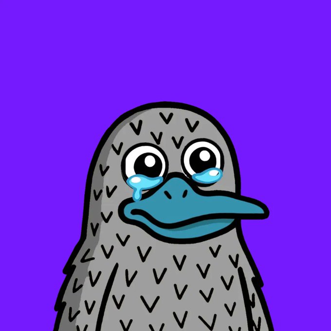 A cartoon illustration of a grey, fuzzy bird-like creature with big eyes crying blue tears against a purple background.