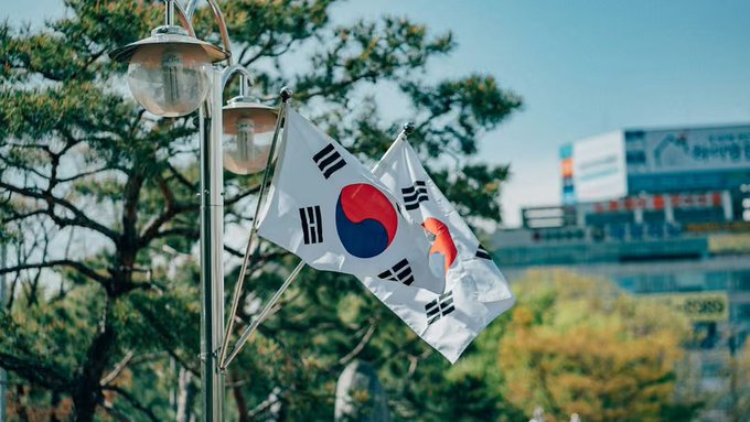 A South Korean flag waving outdoors next to a streetlamp with trees and a building in the background.