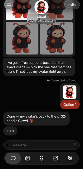 A mobile chat interface with an AI assistant named "Clawd" generating a red ant avatar, showing the user selecting "Option 1" to set it as their profile picture.