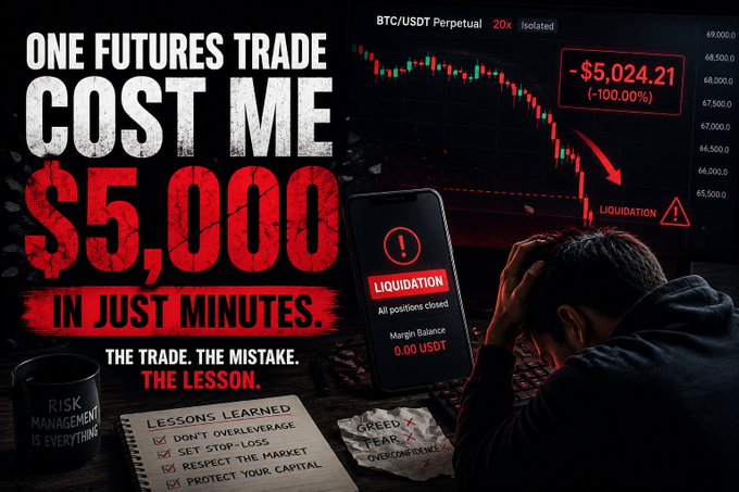 A YouTube thumbnail-style image showing a distressed man looking at a liquidation screen, with text reading "ONE FUTURES TRADE COST ME $5,000 IN JUST MINUTES" and a BTC/USDT Perpetual chart showing a $5,024.21 loss.