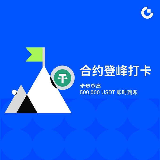 Gate.io promotional graphic with Chinese text '合约登峰打卡' (Contract Summit Check-in), '步步登高 500,000 USDT 即时到账,' featuring a mountain with a green flag and the USDT coin logo on a blue background.