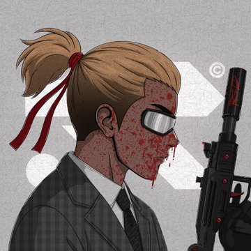 This anime-style illustration of a blood-splattered character in a suit holding a silenced submachine gun, with "Blue check imminent" in the accompanying post, suggests they are about to attain verified status on a platform, perhaps after a successful (and violent) mission.