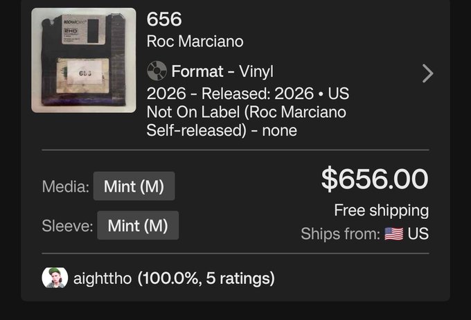 A Discogs listing for Roc Marciano's '656' vinyl record, priced at $656.00 in Mint condition, released in 2026 and shipped from the US by seller aighththo.