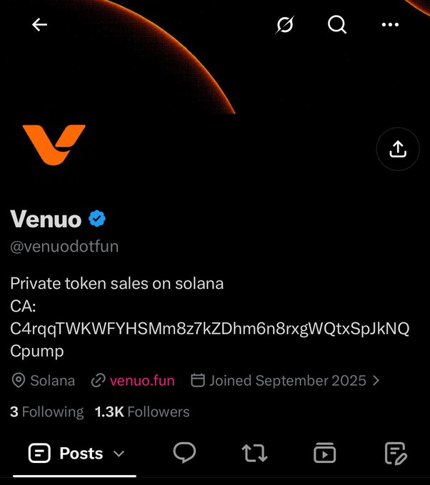A screenshot of the verified X/Twitter profile for "Venuo" (@venuodotfun), which describes itself as "Private token sales on solana" with the contract address "C4rqqTWKWFYHSMm8z7kZDhm6n8rxgWQtxSpJkNQCpump," showing 1.3K followers and a September 2025 join date—likely serving as an example or cautionary reference in the post about projects disappearing from social media after gaining traction.