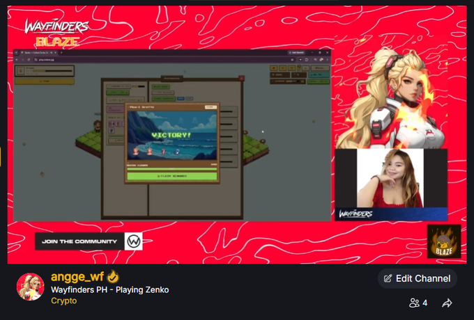 A Twitch stream titled 'Wayfinders PH - Playing Zenko' by user 'angge_wf' under the 'Crypto' category, showing a 'VICTORY!' screen for the game Wayfinders Blaze.
