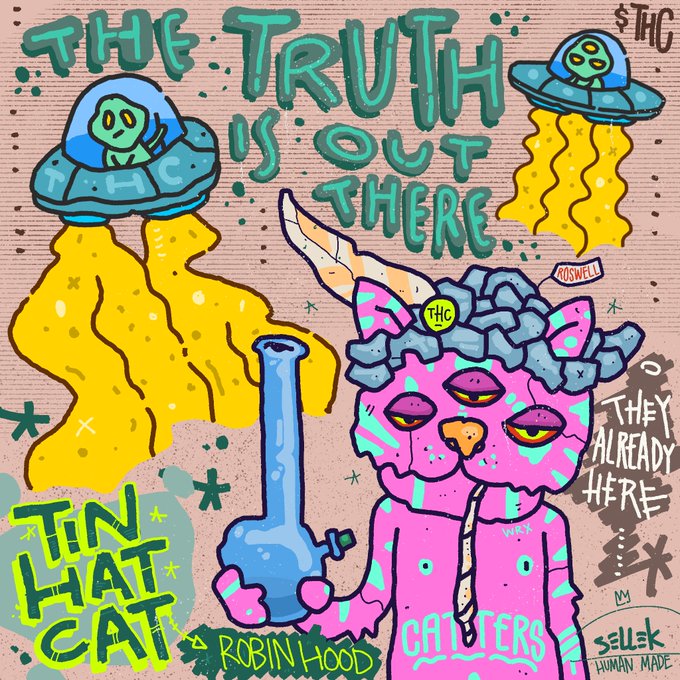 A colorful, graffiti-style illustration titled 'THE TRUTH IS OUT THERE' featuring a pink multi-eyed cat labeled 'CATLEVERS' with text like 'TIN HAT CAT', 'THEY ALREADY HERE', and 'SELLK HUMAN MADE'.