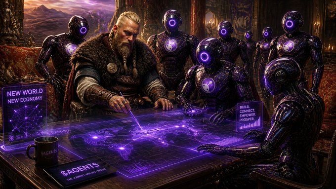 A Viking warrior sits at a futuristic table with a group of robotic "Agents," strategizing over a digital map that symbolizes a new economy on the Solana blockchain. The image visually represents the concept of "machine GDP" by showing autonomous agents working and trading alongside a human leader.