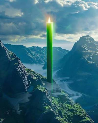 A tall, glowing green candle-like object floats above a mountainous landscape with a winding river and cloudy sky.