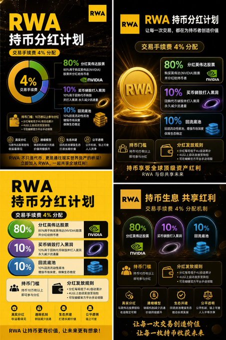 The image features a set of four different infographics or charts related to the cryptocurrency market, RWA (RWA Wallet). These visuals display information about RWA wallets from different perspectives, such as a chart showing the growth rate of RWA wallets over time, another showcasing the number of users with RWA wallets, and two more illustrations illustrating what these wallets look like.