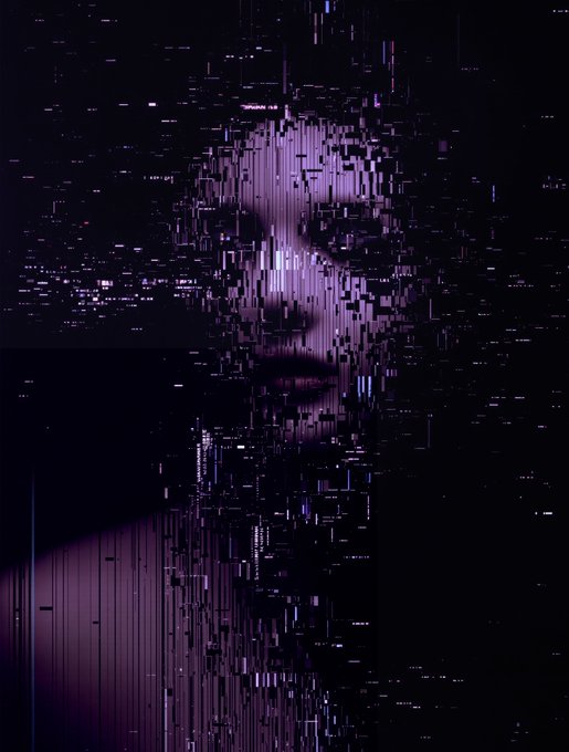 A dark, glitch-art style portrait of a woman's face distorted by purple pixelation and vertical lines.