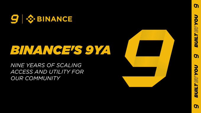 A Binance promotional graphic celebrating its 9th anniversary, featuring a large yellow "9" and the headline "BINANCE'S 9YA — Nine Years of Scaling Access and Utility for Our Community," visually reinforcing the post's message about the platform's long-term building approach and milestone of 300M+ registered users.