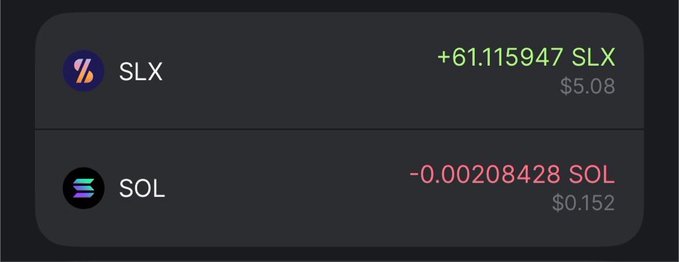 A wallet view displaying crypto balances: +61.115947 SLX ($5.08) and -0.00208428 SOL ($0.152).