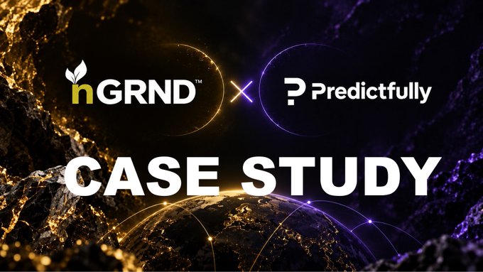 A 'CASE STUDY' graphic featuring logos for 'nGRND' and 'Predictfully' with a '×' between them, set against a cosmic background with a glowing Earth.