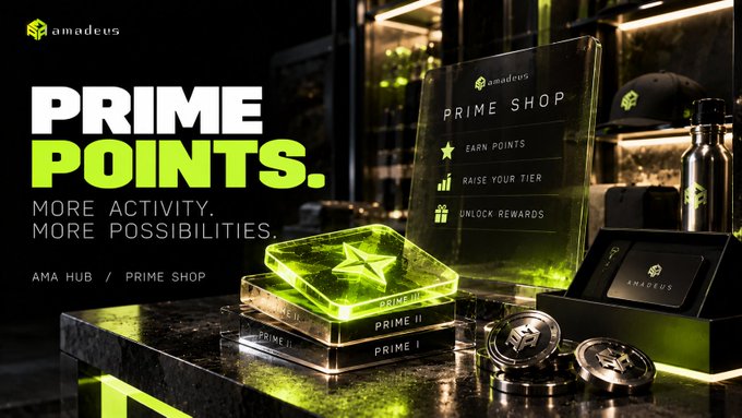 An advertisement for 'amadeus' features the text 'PRIME POINTS. MORE ACTIVITY. MORE POSSIBILITIES.' alongside 'AMA HUB / PRIME SHOP', showcasing a glowing green star on a block, coins, and a display screen.