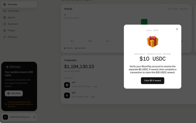 A screenshot of a MoonPay dashboard showing a credentials balance of $1,194,130.23 across Solana and ETH wallets, with a popup offering a '$10 USDC' variable transaction reward to verify the account and complete a transaction.