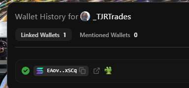 The image shows a wallet history display for "_TJRTrades" featuring one linked wallet (EA0v...xSCq), likely shared in response to the post's request for the user to publicly post their GMGN wallet.