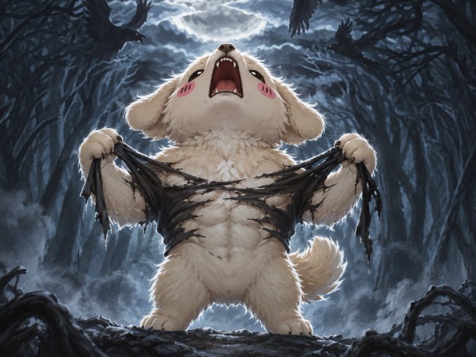 A dramatic digital artwork of a fluffy dog in a dark forest, howling at the sky while dramatically tearing its fur to reveal a muscular chest beneath.