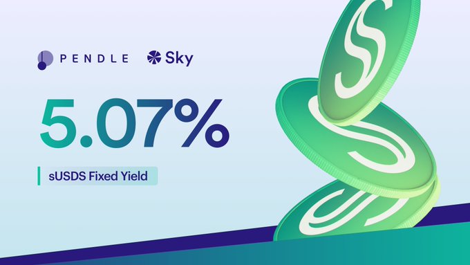 In this image, a poster displaying a stack of green USDS coins, which are used as an example for the post " Fixed Yield on sUSDS, built with @pendle_fi ", is featured prominently against a light blue background. The poster includes text discussing the fixed yield offered by the USDS, which has been set up using its own savings rate of 3.6% accruing just by holding it. The text provides details about the two products available: one with maturity date on 26 Nov and another with no maturity date (it is not clear whether this product has a lower or higher yield), both offering the same underlying asset but having different time horizons. This post focuses on the comparison of these two USDS Fixed Yield products, likely targeting users interested in investing in USDS Fixed Yields from different providers or with varying terms and conditions.