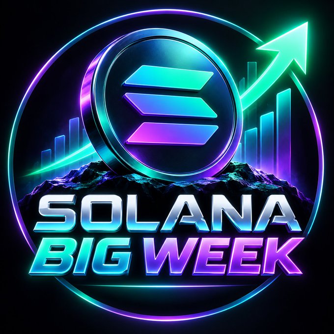 A neon-lit digital illustration features the Solana logo coin set against a backdrop of a green upward-pointing arrow and rising bar charts, with the text "SOLANA BIG WEEK" displayed prominently in glowing cyan and purple lettering at the bottom, visually reinforcing the post's message about a significant upcoming week for the Solana cryptocurrency.