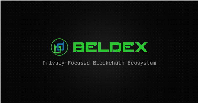 The image shows the Beldex logo and branding, featuring the green "BELDEX" text with a stylized "b" icon alongside the tagline "Privacy-Focused Blockchain Ecosystem" on a dark background. This visual reinforces the accompanying post's message about Beldex as an integrated privacy stack, combining tools like BChat, BelNet, and the Beldex Browser into a single ecosystem rather than fragmented apps.