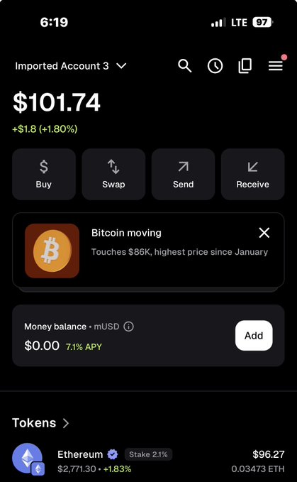 A mobile cryptocurrency wallet app showing a balance of $101.74 (+$1.80), with options to Buy, Swap, Send, and Receive, and a Bitcoin alert reading 'Touches $86K, highest price since January.'