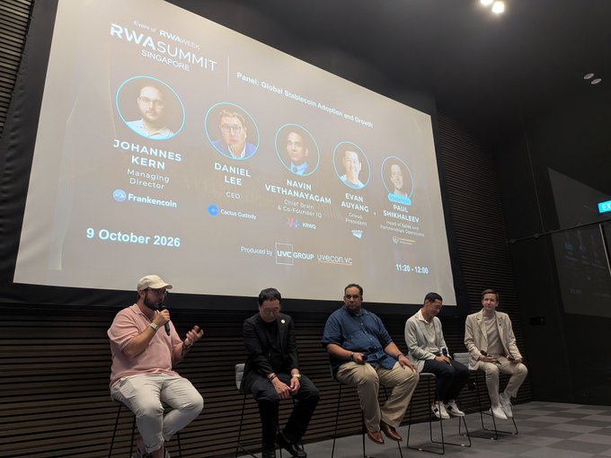 A panel discussion at the RWA Summit Singapore on October 9, 2026, about Pancentric Global Stablecoin Adoption and Growth, featuring speakers Johannes Kern (FrankeCoin), Daniel Lee (CEO, Cactus Catalyst), Navin Vethanayagam (Chief Business & Co-Founder, Kinesis), Evan Auyang (Group President), and Paul Shinklevix (Head of Strategic Partnerships).