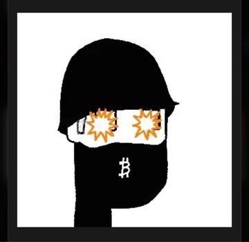 A stylized black silhouette of a bearded figure with starburst sunglasses displays the Bitcoin (BTC) symbol on its chest, visually reinforcing the post's crypto-focused "GM" (good morning) greeting and its theme of tireless Bitcoin mining.