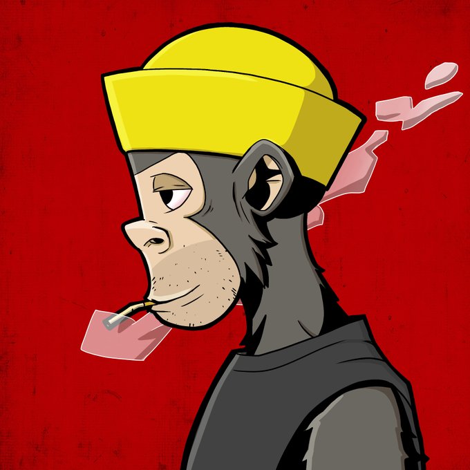 The image features an anthropomorphized cartoon monkey wearing a yellow hat, smoking a cigarette while standing against a red background. The caption of the image reads "GM My timeline is red. Azuki @azukiTCG posts flooding @BoredApeYC going red too Let' s celebrate with a BAY-zuki by the great Jacopo @idrawanimal".