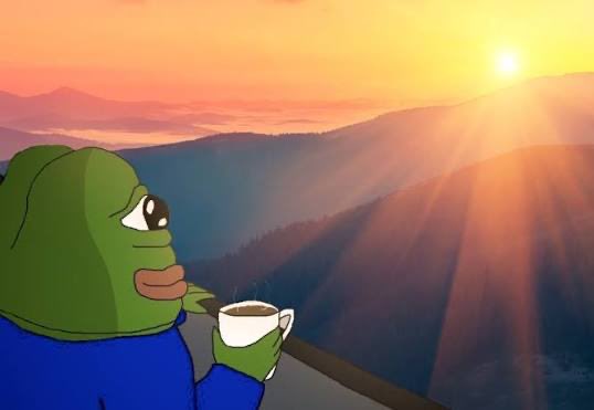 A sad-looking Pepe the Frog holding a coffee cup gazes contemplatively at a sunrise over misty mountains, symbolizing a hopeful "good morning" and a positive outlook on the day ahead. The peaceful sunrise reflects the optimistic sentiment of "We're going to win."
