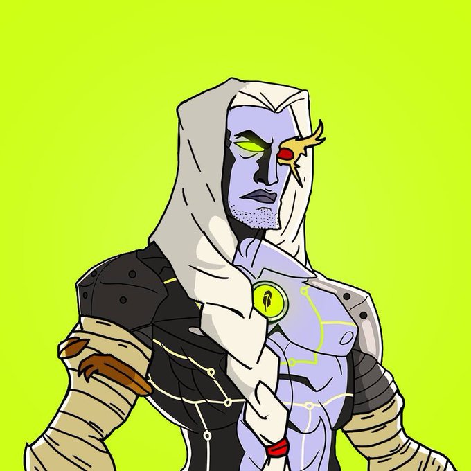 A stylized illustration depicts a God-like Knight with piercing yellow and red eyes, draped in a white hood and adorned with armor featuring glowing green accents, against a vibrant chartreuse background. The artwork, credited to @barzzard, is part of the Genesis Titans collection launching on Robinhood, featuring 3,333 unique digital collectibles inspired by mythology.