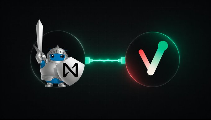 A digital graphic showing a blue armored knight character holding a sword and a shield with an 'M' logo, connected by a glowing green cable to a circular icon featuring a red-to-green gradient checkmark logo on a black background.