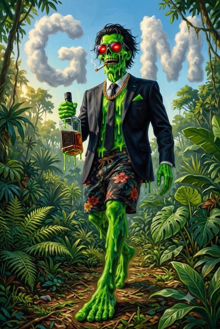 A green zombie-like figure in a black suit jacket, floral shorts, and red sunglasses walks through a jungle, holding a bottle of liquor with a cigarette in his mouth, with 'CO2' spelled in clouds above.