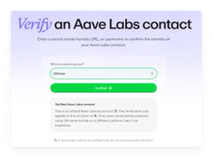 A screenshot of a webpage with the heading 'Verify an Aave Labs contact' featuring a form field and verification button.