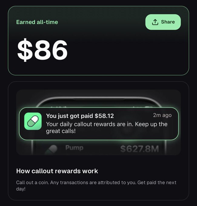 A mobile app screenshot showing 'Earned all-time: $86' with a notification reading 'You just got paid $58.12 - Your daily callout rewards are in. Keep up the great calls! 2m ago,' explaining that callouts earn the user money from attributed transactions.