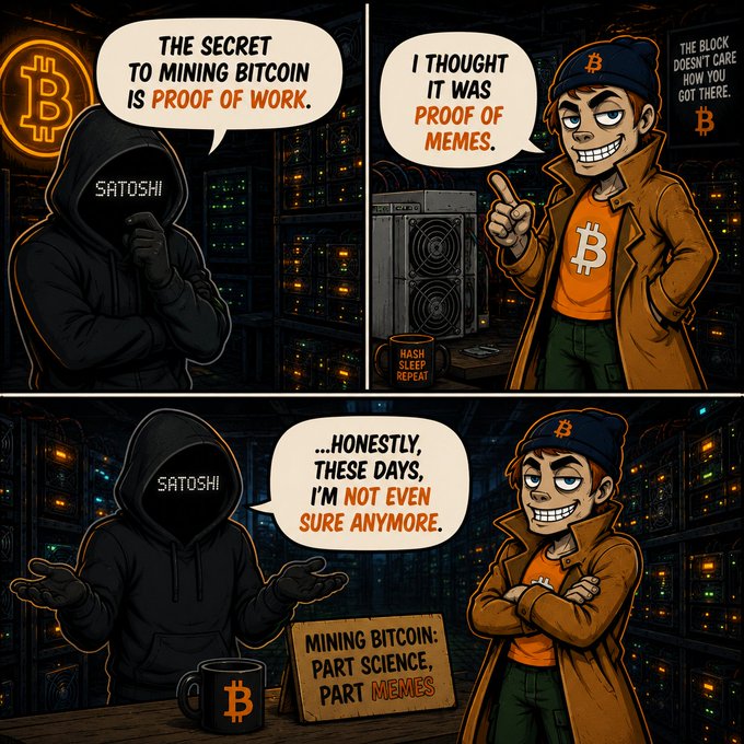 A four-panel Bitcoin comic featuring Satoshi in a hoodie and a character in a Bitcoin cap joking that the secret to mining Bitcoin was 'proof of work,' 'proof of memes,' and now 'part science, part memes.'