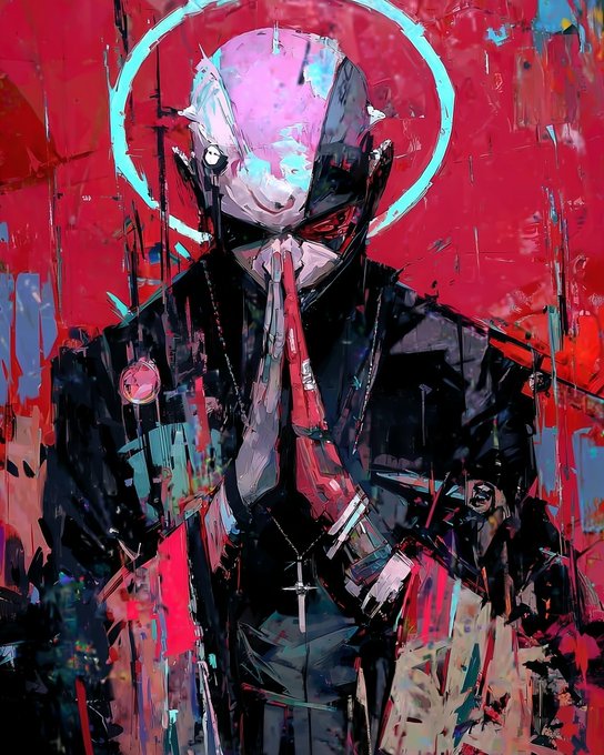 A dark, stylized painting of a figure with a pale face and a red, glitched eye, hands clasped in prayer while wearing a black suit with a cross necklace, set against a vibrant red and blue abstract background with a glowing halo.
