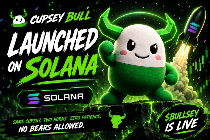 A vibrant green-themed promotional graphic announces the launch of "$BULLSEY" on the Solana blockchain, featuring the Cupsey mascot character with two horns and a determined expression standing triumphantly beside a launching rocket against a cosmic background. Key text includes "CUPSEY BULL LAUNCHED ON SOLANA," "SAME CUPSEY. TWO HORNS. ZERO PATIENCE. NO BEARS ALLOWED," and "$BULLSEY IS LIVE," directly supporting the post's bullish announcement and contract address reveal.