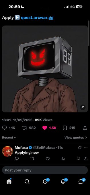 A mobile screenshot of the X app shows a post from 'quest.arcwar.gg' featuring a digital drawing of a menacing computer monitor character with red glowing eyes, receiving 1.5K likes.
